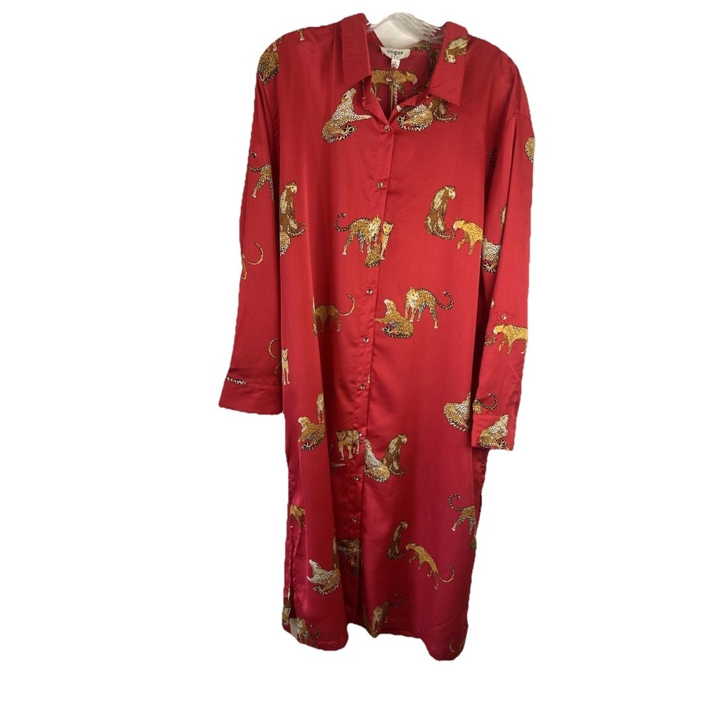 NEW Umgee Red Satin Leopard Print Long Sleeve Shirt Dress size Large